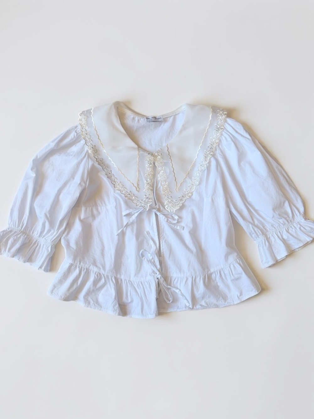 Miss Selfridge White Lace-Trim Oversized Collar Tie-Front Peplum Blouse 12